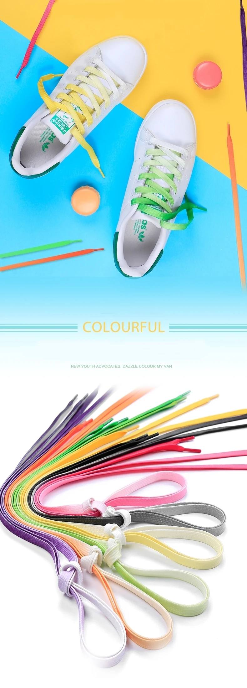 95cm Flat Color Gradient Changing Colors Shoe Laces Rainbow Print Flat Canvas Shoelace Shoes Casual Chromatic Colour Shoelaces