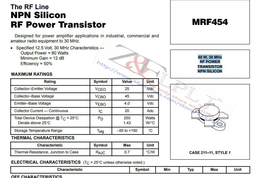 MRF454 MRF 454 80W 30MHz NPN SILI RF POWER TRANSISTOR | Электронные компоненты и принадлежности