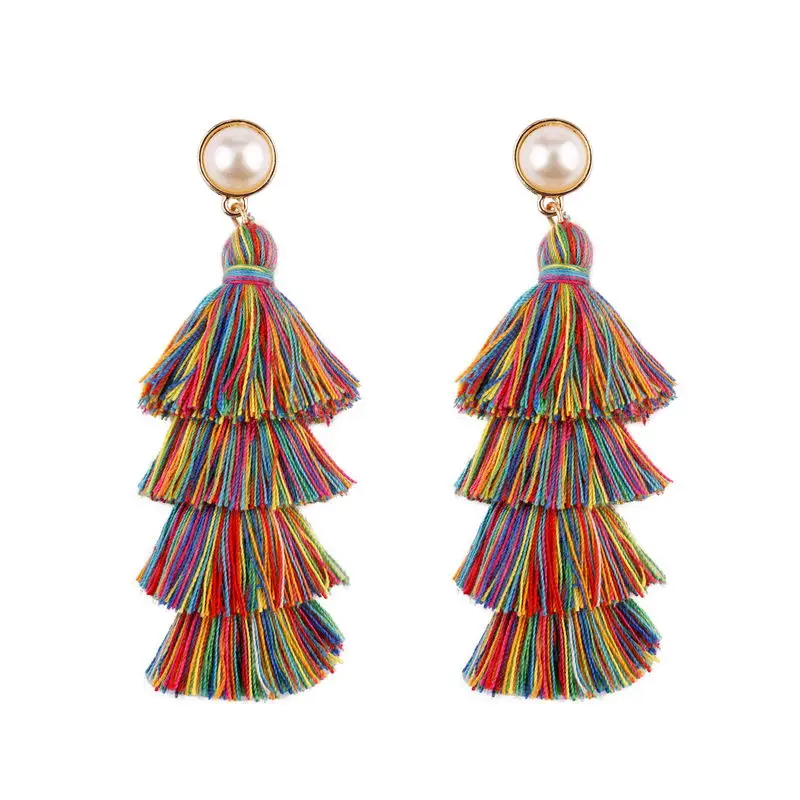 ZWPON Bohemia 4 Layered Tassel Fringe Earrings for Women Bohemian Cotton Tassel Fringe Pearl Earring Female Jewelry