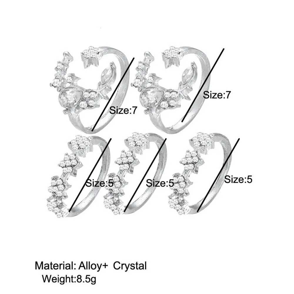 5 шт./компл. Брендовое сердечко серебряного цвета набор колец Кристальное кольцо