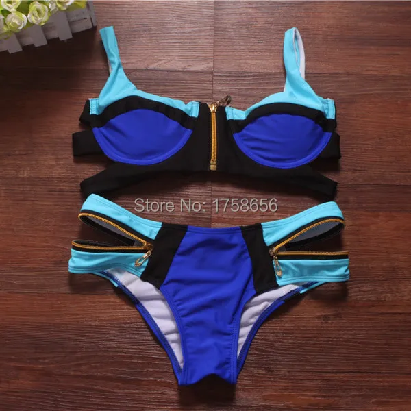 2014 Bandage Bra Padded Bikini Women Swimwear Neon Color Zipper Swimsuit Push Up Bathing Suit Bikinis Set |