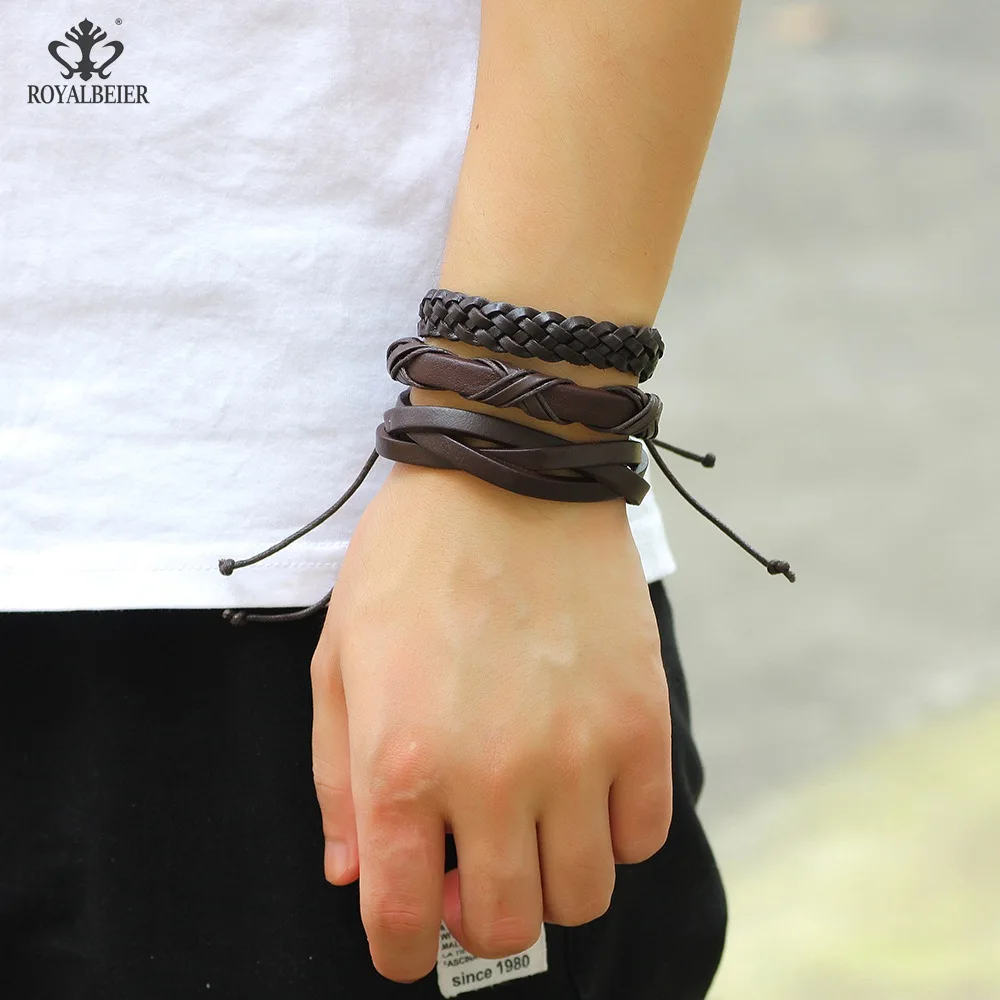 

ROYALBEIER 6pcs/lot Genuine Leather Bracelet Simple Punk Cow Leather Bracelets Adjust Mixture Ankle Bracelets&Bangles Jewelry
