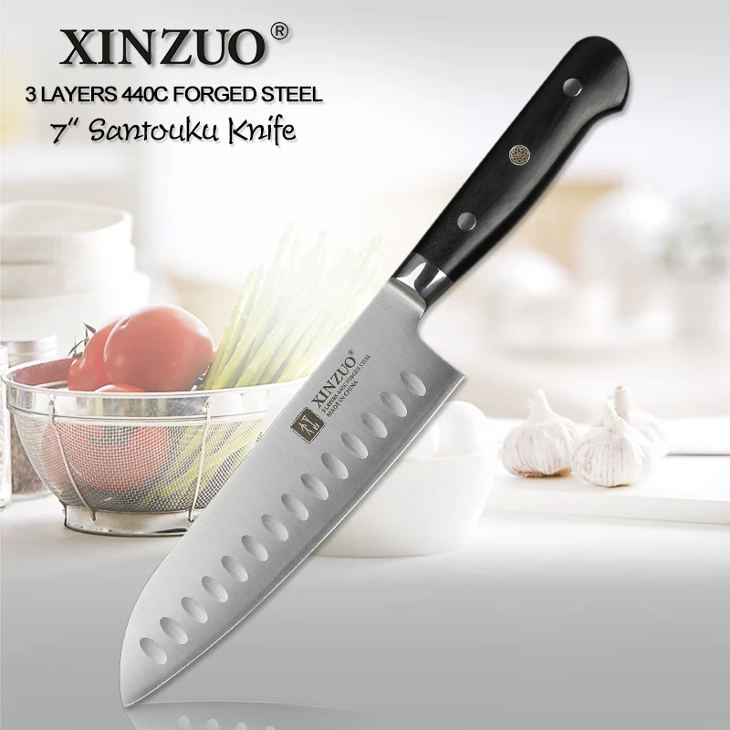 XINZUO 7 ''дюймовый нож Santoku 3 слоя 440C ядро Плакированные Стальные Кухонные ножи дело с мясом фрукты овощи с G10 Ручка