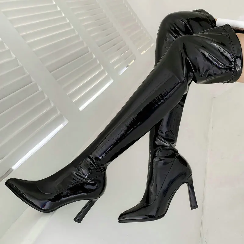 

Women Spring Autumn Black Red Thigh Boots Ladies Patent Leather Pointed Toe Over the Knee Boots Fashion Slip On High Heel Boots