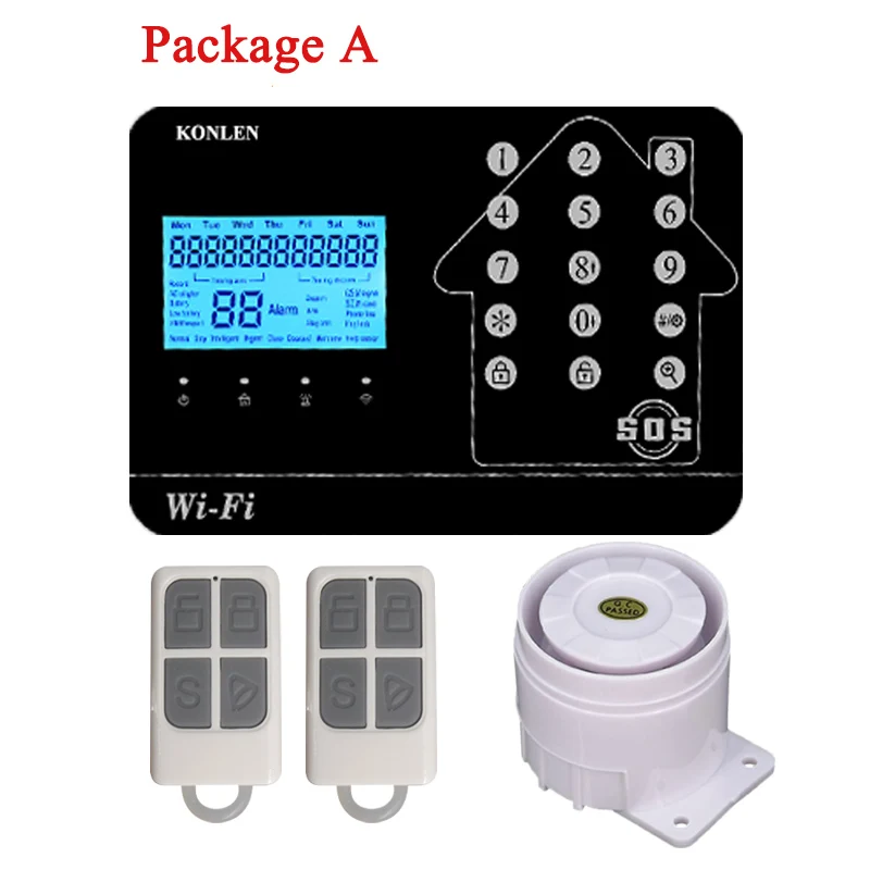 Package A KONLEN wifi GSM PSTN домашняя сигнализация Беспроводная Проводная для умного дома Охранная защита от взлома АВТО SMS Приложение Поддержка ip-камеры - Цвет: Package A
