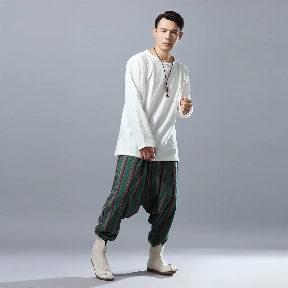 Men Stripe Linen Pants India Nepal Pattern Cotton Trousers Man Big crotch Pant Elastic Waist Leisure Yoga Harem Pants|yoga trousers|harem yoga