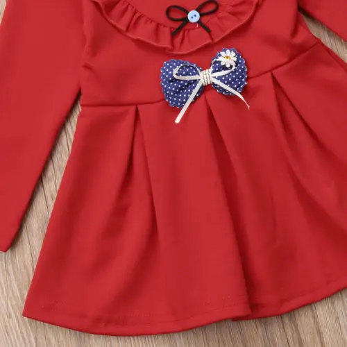 2018 Autumn Flower Girl Princess Bowknot Dress Kids Baby Party Wedding Long Sleeve Ruffle Collar Red Tutu Dresses Clothes | Детская