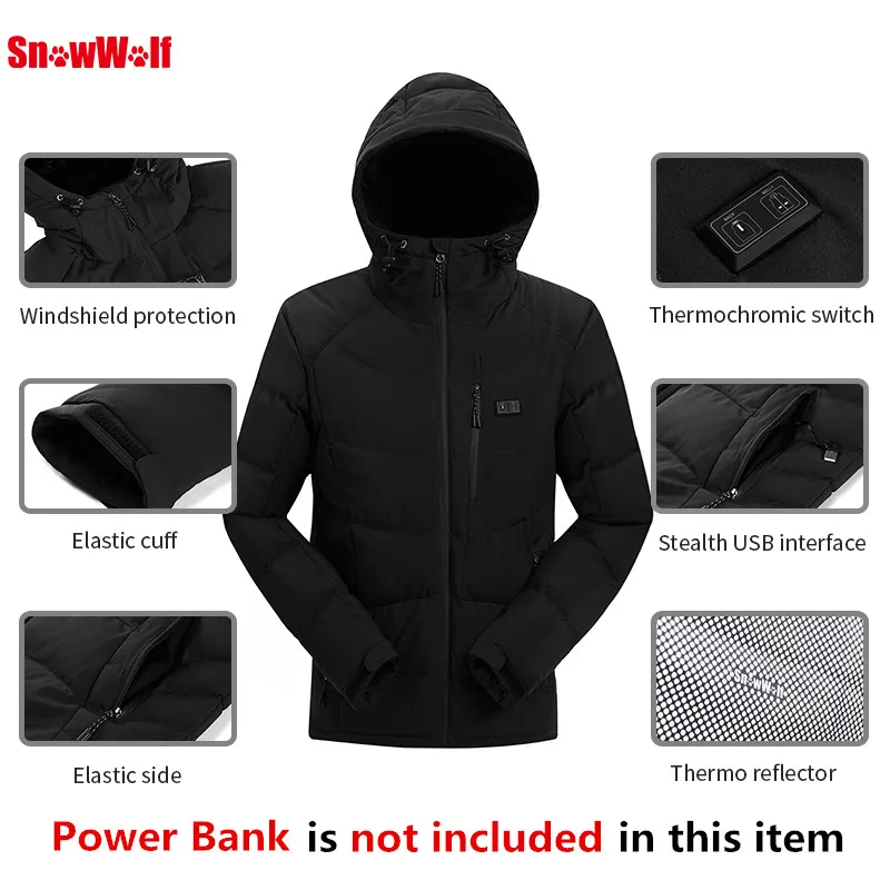 SNOWWOLF Мужская зимняя уличная куртка с капюшоном и инфракрасным подогревом с USB, электрическая теплая одежда, пальто для спорта, альпинизма, пешего туризма