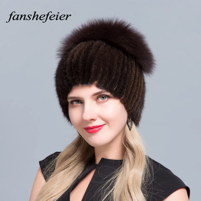 colour05 Fanshefeier Лидер продаж женские вязаные шапки норковые шапки модные зимние теплые вертикальные переплетения с лисьим мехом на верхней части - Цвет: colour05