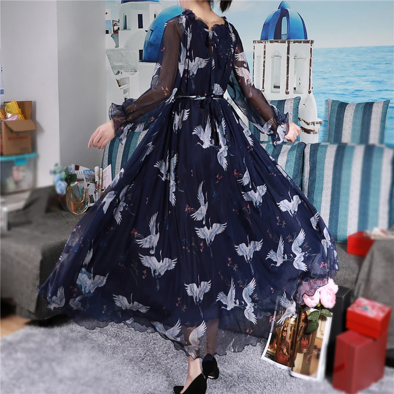 Ruffle collar vintage Printed Long Sleeve Runway High quality womens Maxi Dress Holiday Beach Plus Sizes flowy dress | Женская одежда