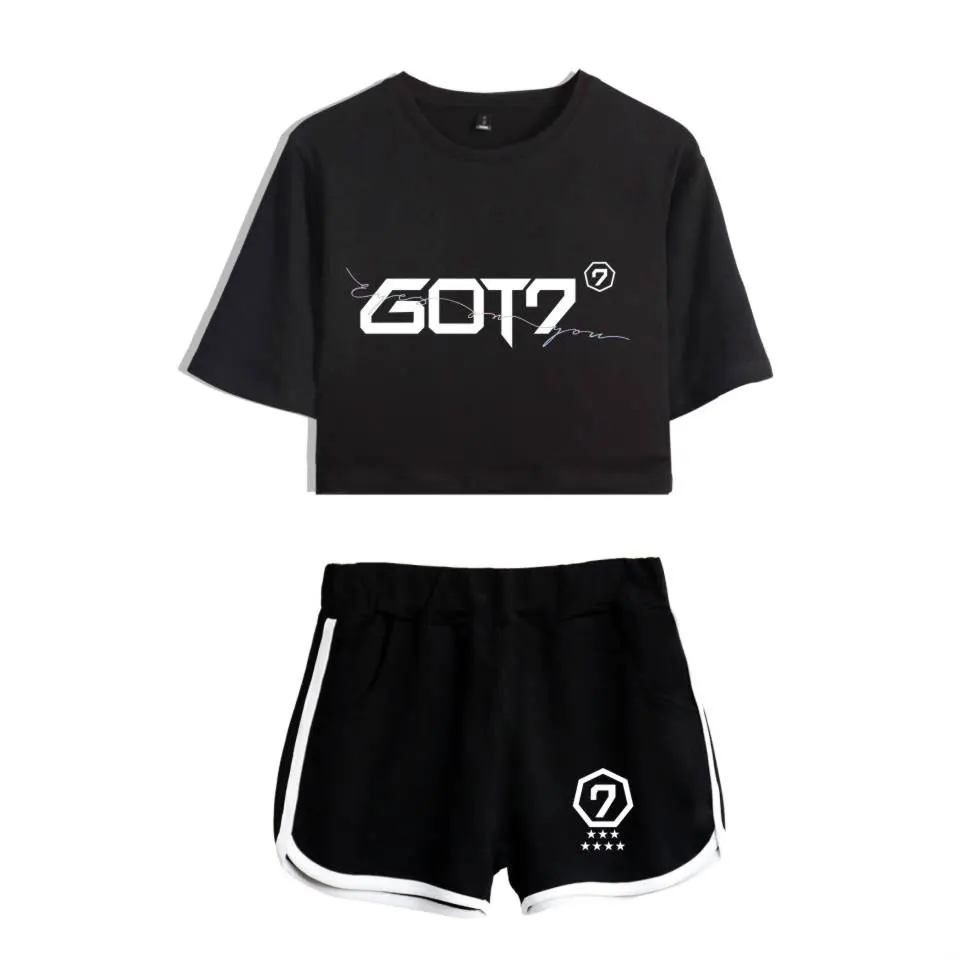 Новинка комплект из двух предметов Kpop GOT7 летняя сексуальная хлопковая Футболка с
