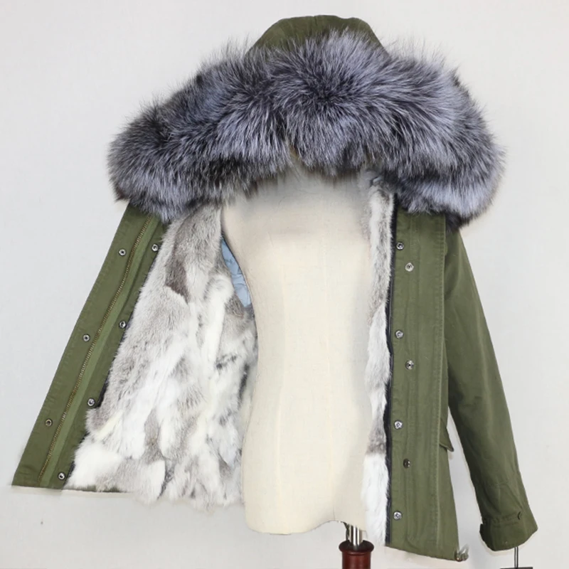 green silver Зимняя женская куртка, пальто с натуральным мехом, парка с воротником из натурального меха енота, Толстая теплая подкладка из кроличьего меха, уличная одежда, новинка, повседневная одежда - Цвет: green silver