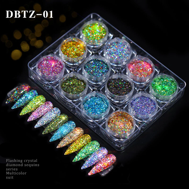 1 1 Set 12 Pots Holographic Platinum Nail Art Glitter Mix Flakes Sparkle Sequins Manicure Dust Laser Powder Nail Gel Decorations - Цвет: 1