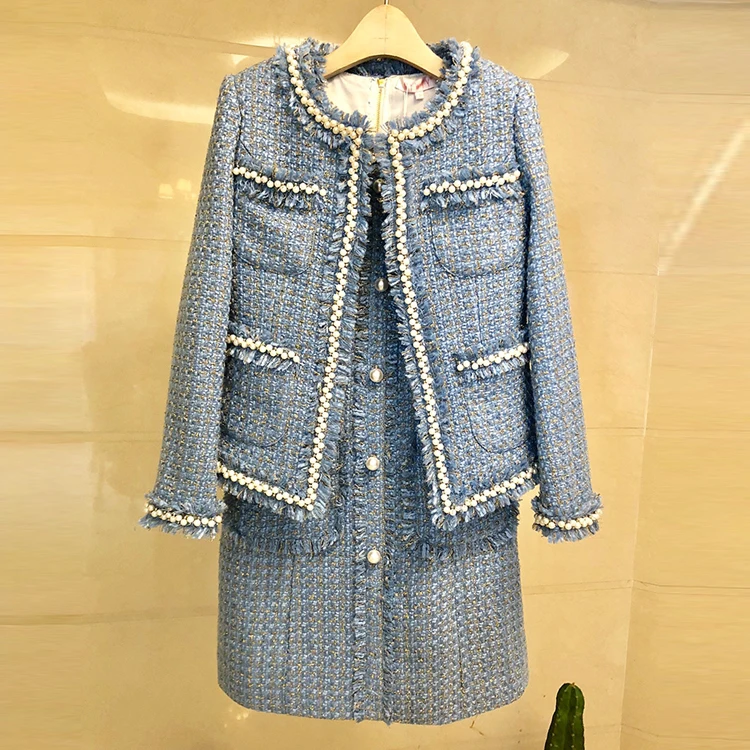 Твид костюмы с платьем роскошные модные дизайнерские женские 2021 зима бусины