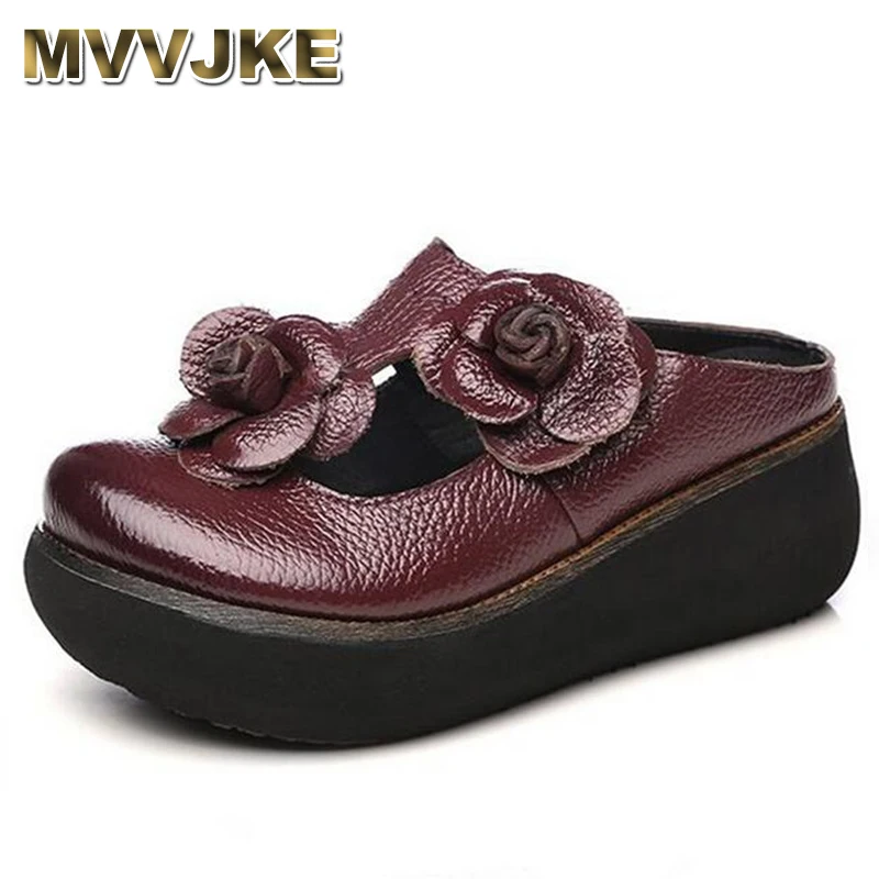 

MVVJKE Brand Shoes Retro Roman Wedges Sandals Fashion Slippers 2018 New Summer Thick Bottom Flower Flower Cow Leather Shoes E130