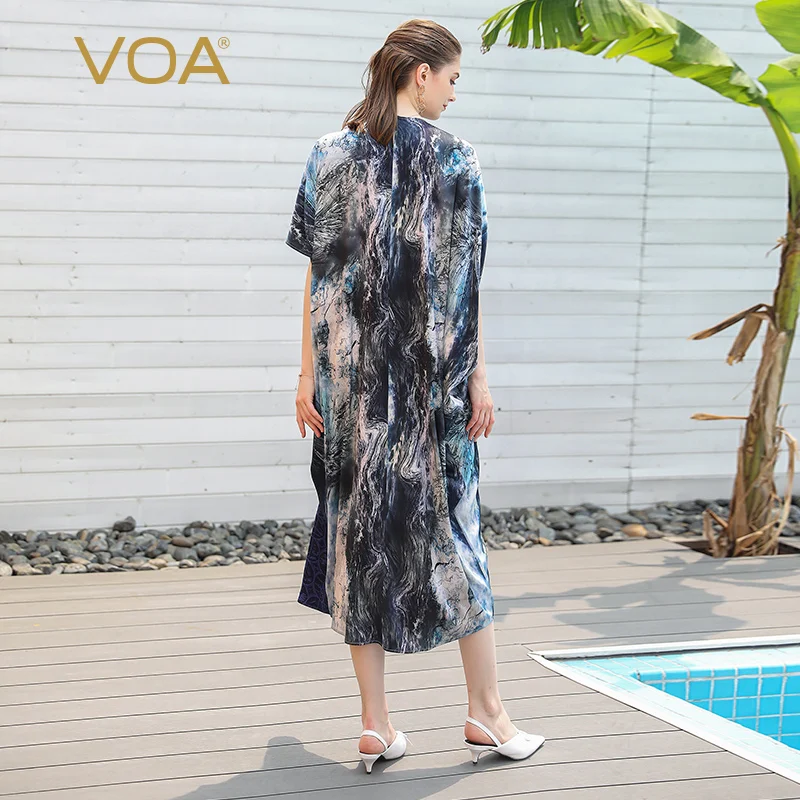 VOA Silk Robe Stain Muslim Dresses Women Clothes Casual Loose Plus Size Long Dress Printed Bat Sleeve Abaya Dubai Kaftan A701 |