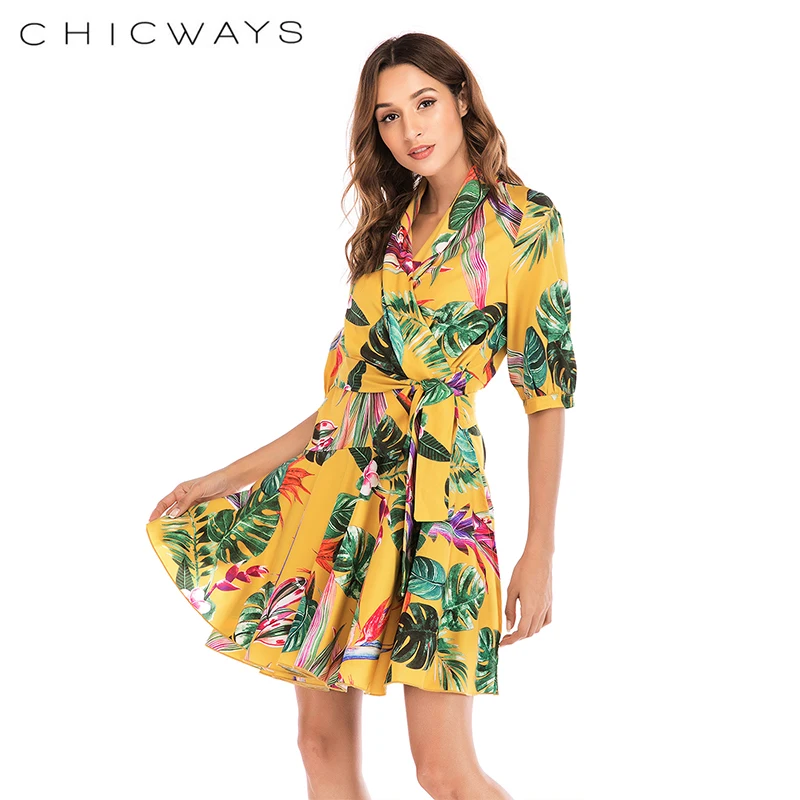 Chicways тропические Плам лист печати элегантное платье для женщин Сексуальная V шеи