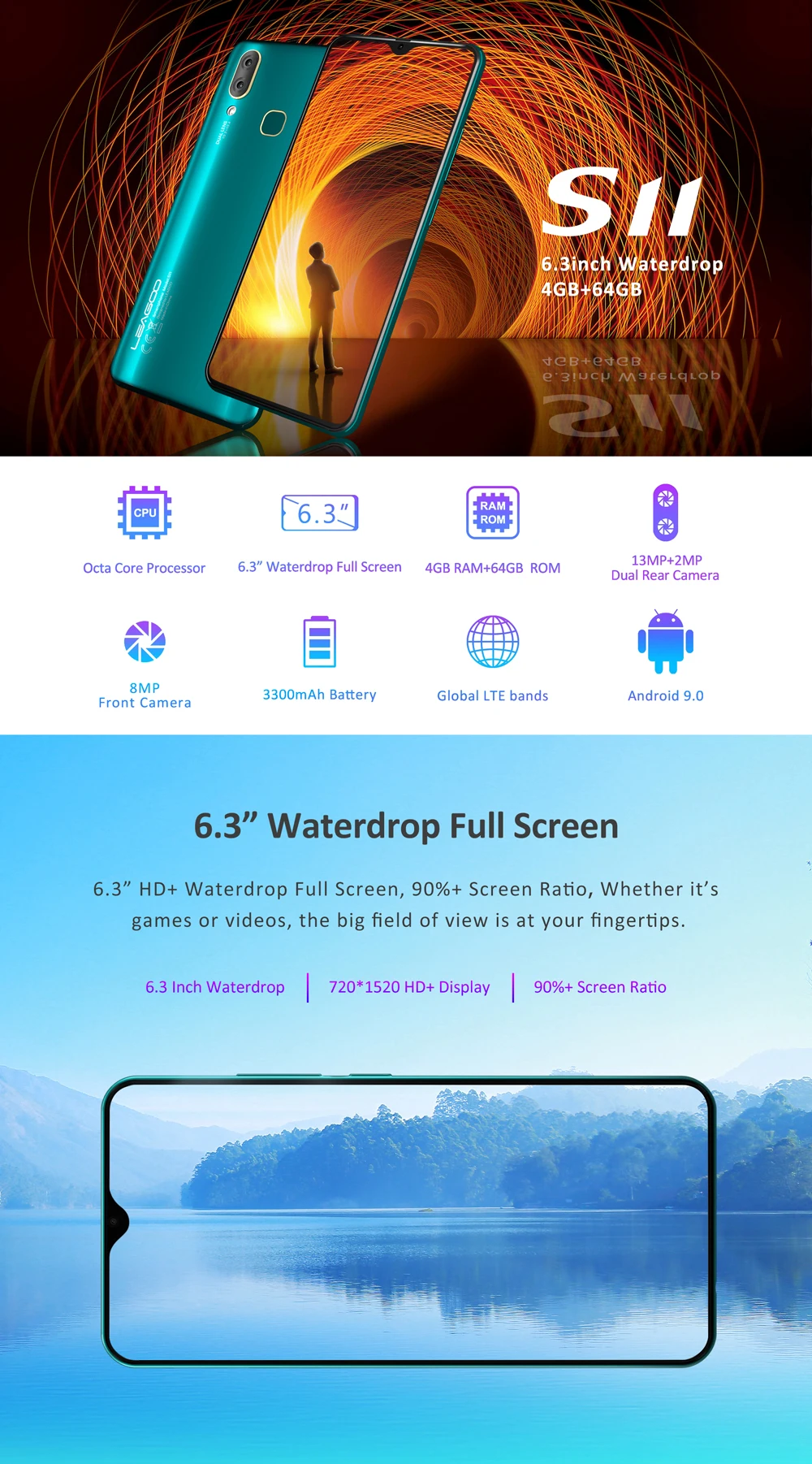 LEAGOO S11 Android 9,0 LTE 4G смартфон 6," дисплей капли воды 4 Гб 64 Гб Helio P22 13 МП Две сим-карты отпечатков пальцев Смартфон