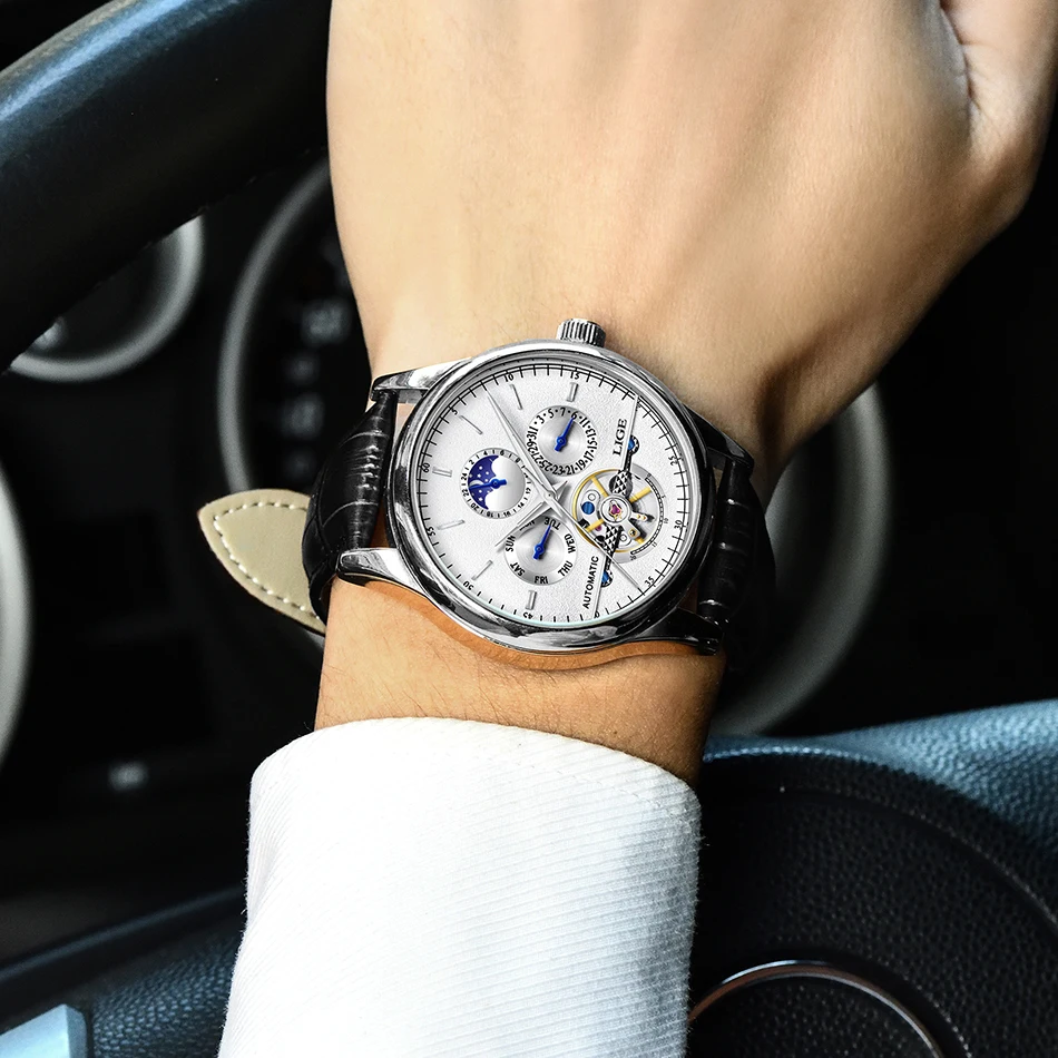 LIGE Брендовые мужские часы автоматические механические часы Tourbillon спортивные часы кожаные повседневные деловые часы в ретро-стиле Relojes Hombre