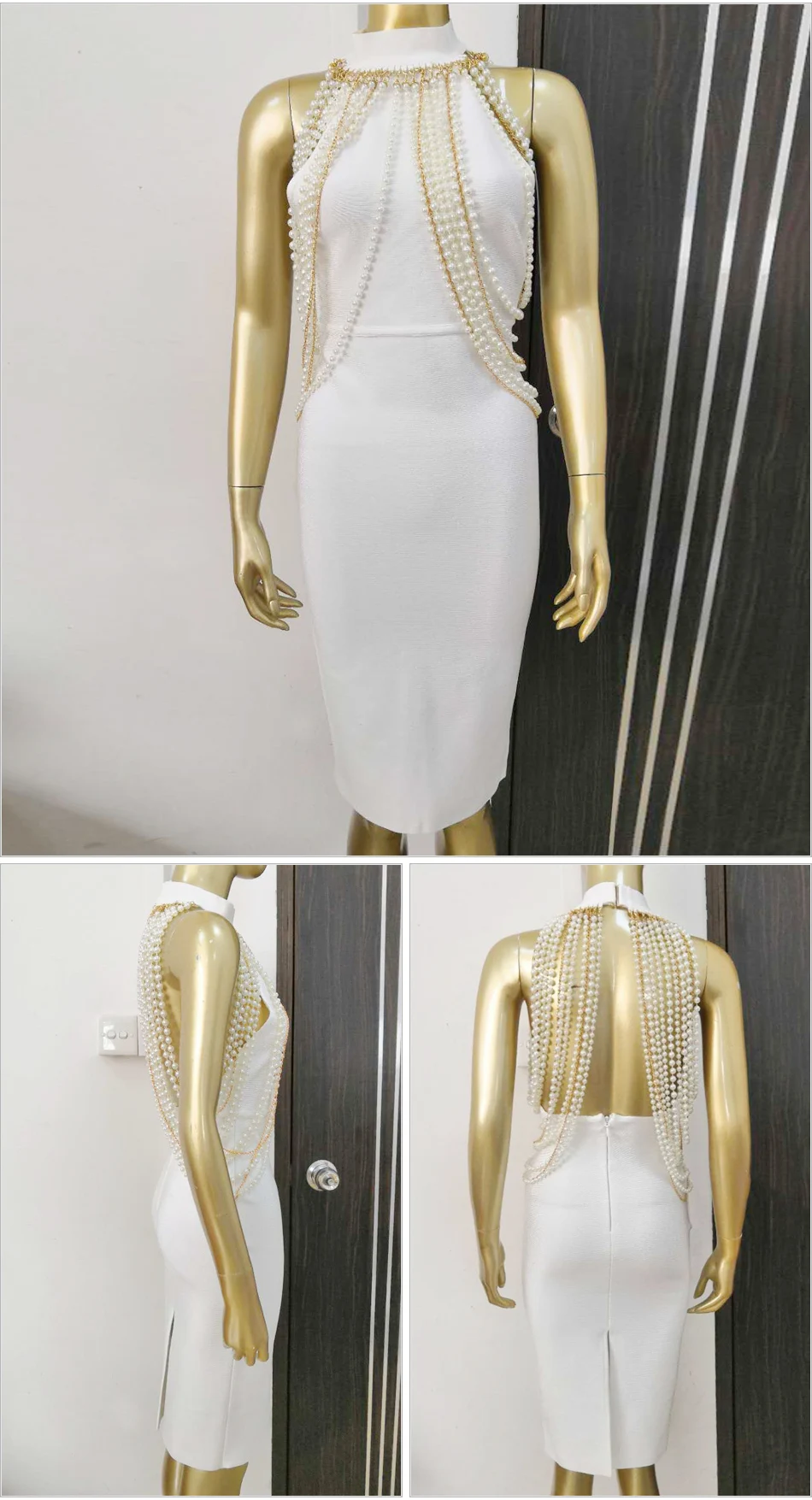 Элегантная металлическая цепь бинты Vestido женское платье Холтер Бисер спинки без рукавов Перл Украшенные разрез сзади Femme платье