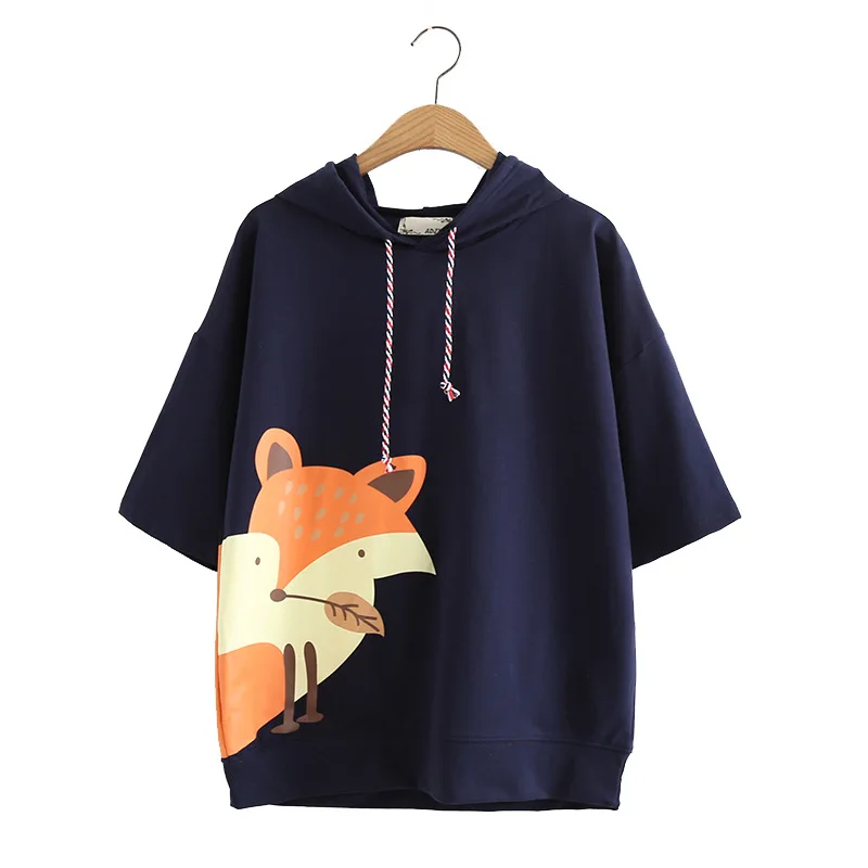 Летняя женская белая футболка с капюшоном и принтом в виде лисы свободная