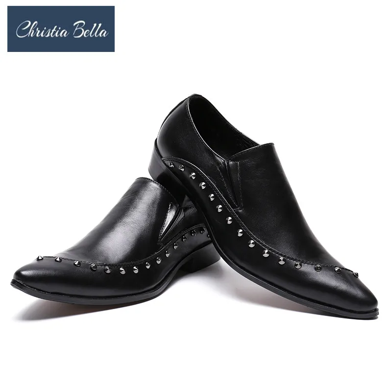 

Christia Bella Italy Stylish Genuine Leather Men Formal Dress Shoes Punk Style Spikes Fashion Summer Party Dress Shoes Plus Size