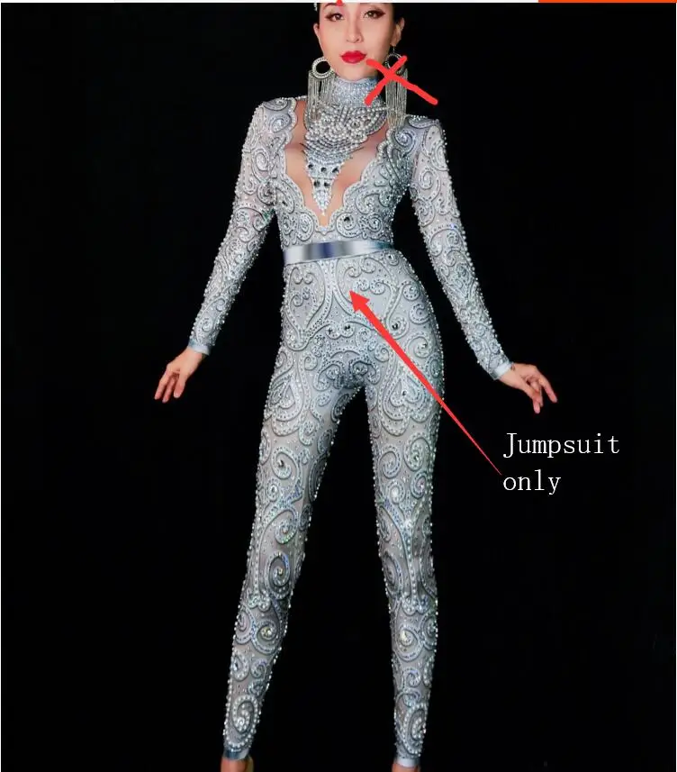 Silvery gray High-end Female Silvery Gray Crystals Jumpsuit Sexy Stretch Skinny Pearl Bodysuit Singer Bar Party Stage Performance DS Costume - Цвет: Silvery gray
