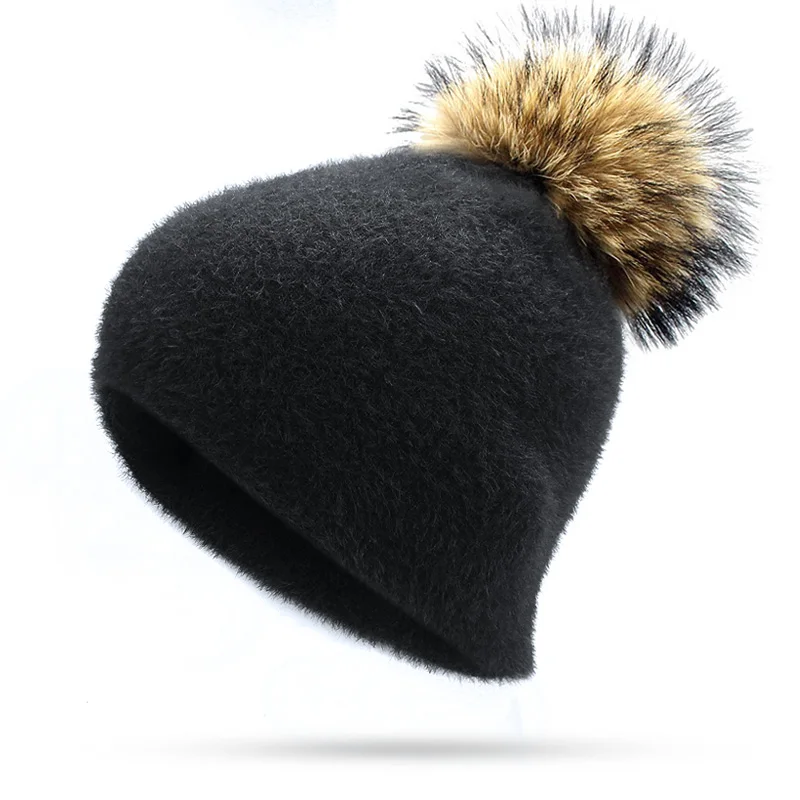 J Девушка Для женщин зима теплая Skullies шапочки Кролика трикотажные шапочки с натуральным мехом Pom Hat Кепки мягкие однотонные енота меховым помпоном Bone - Цвет: J