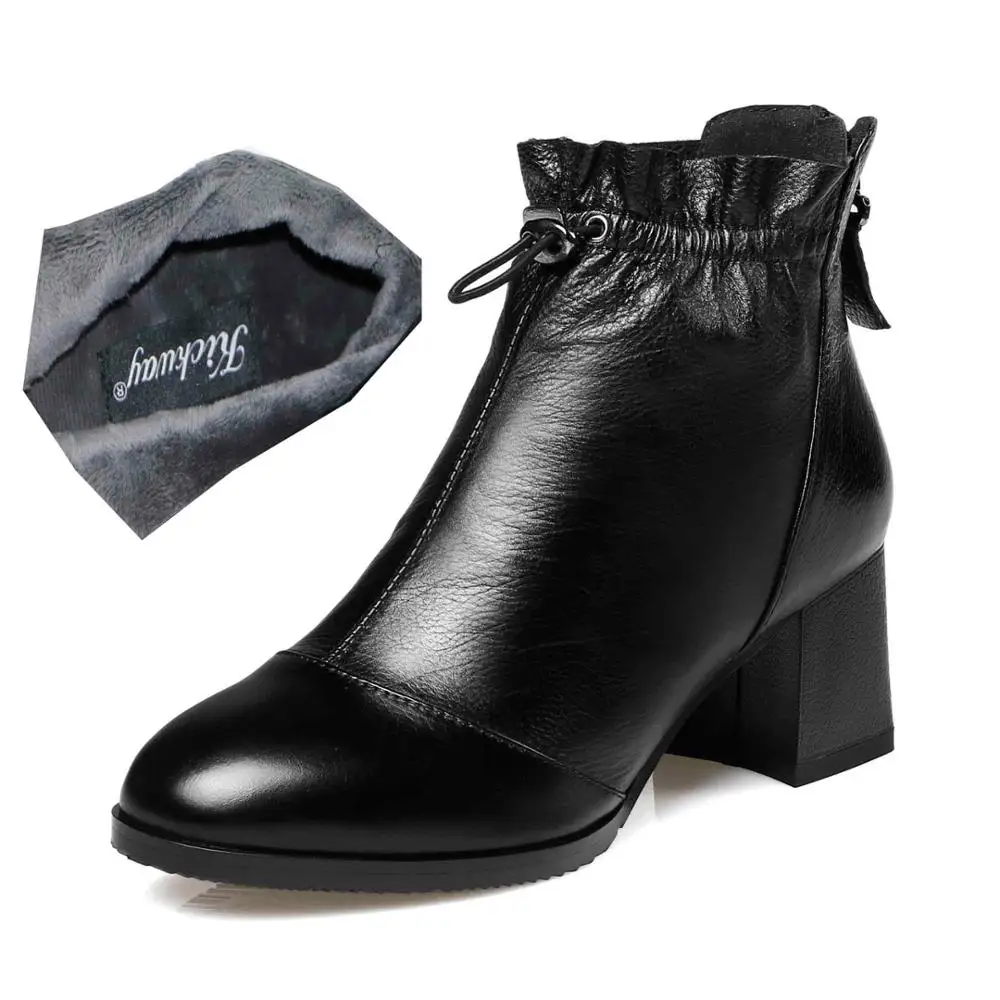 Black With Fake Fur Kickway/женские ботинки из натуральной кожи; женские ботильоны; черные ботинки на толстом каблуке средней высоты; женская обувь с молнией сзади; botas mujer; размеры 34-42 - Цвет: Black With Fake Fur
