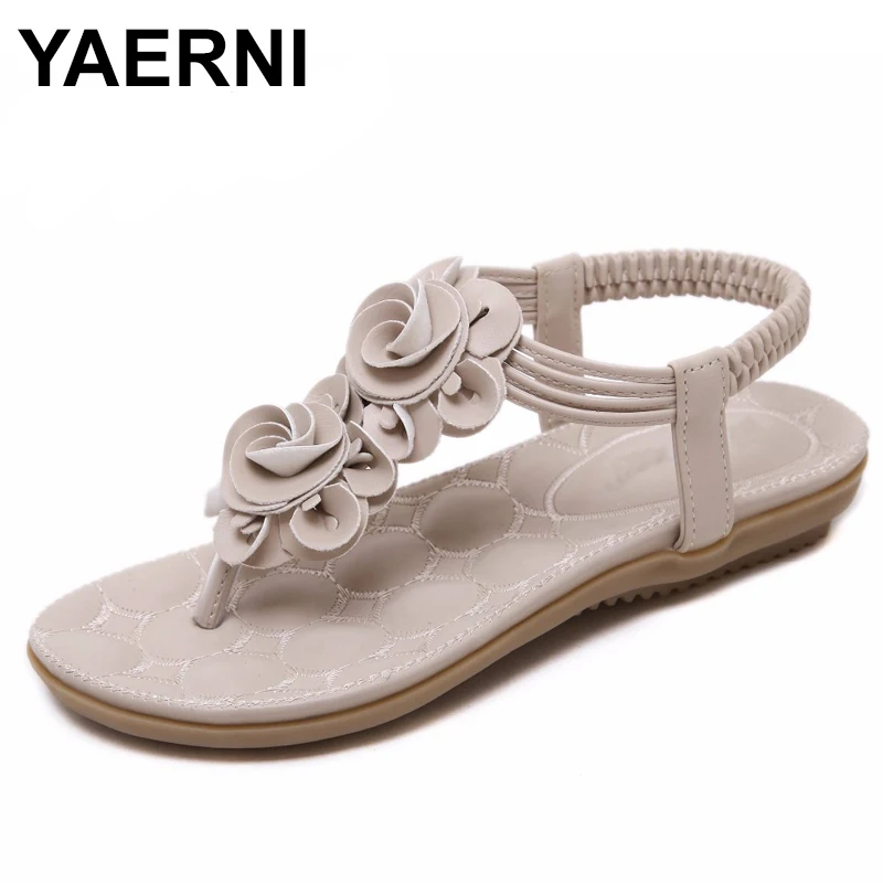 

YAERNI New Women Summer Casual Bohemia Flat Sandals Shoes Woman Flower Flip flop Sweet Beach Sandals Shoes Size 35-41