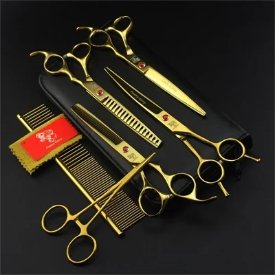 golden PK-706 Профессиональные 7,0 дюймовые ножницы для ухода за домашними животными, наборы для собак, ножницы для стрижки волос, прямые и истончающие и изогнутые ножницы - Цвет: golden PK-706