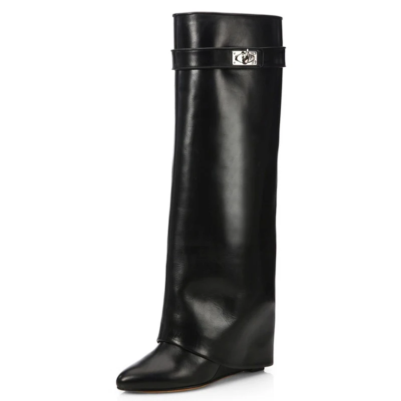 black smooth Leather Г., шикарные сапоги до колена из натуральной кожи женские ботинки на танкетке с острым носком, серебристым металлическим замком в виде акулы женские дизайнерские высокие сапоги - Цвет: black smooth Leather
