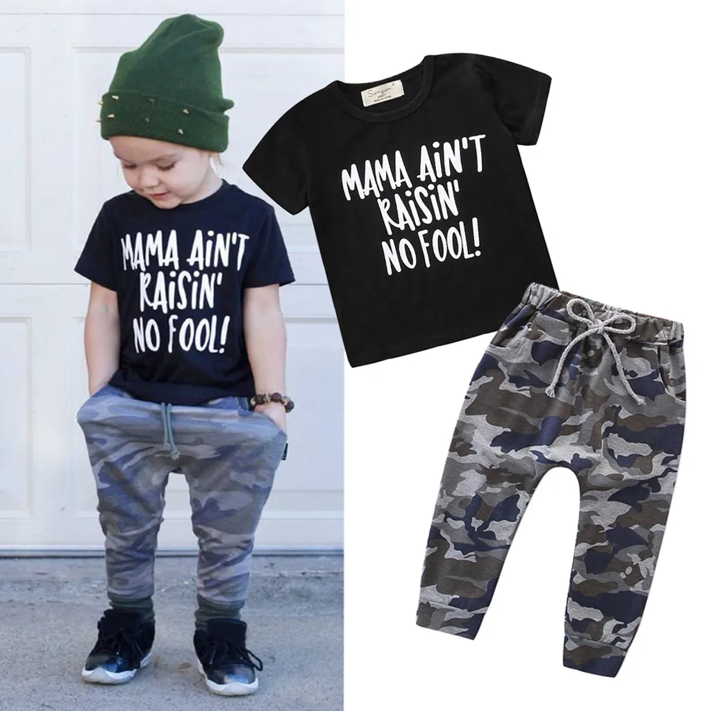 Baby Clothes Set Toddler Kids Girls Boys Outfits Letter T-shirt Tops+Camouflage Pants Top Shirts | Детская одежда и обувь