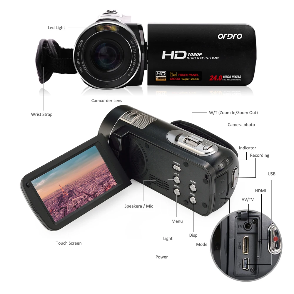 Ordro HDV Z80 Цифровая видеокамера HD 1080P 30FPS запись 10x оптический зум Камера с