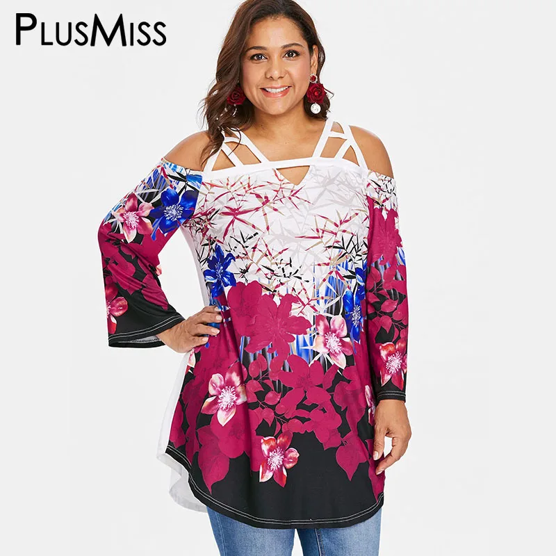 PlusMiss плюс размер цветочный принт Boho холодное плечо Туника Длинные Топы 5XL