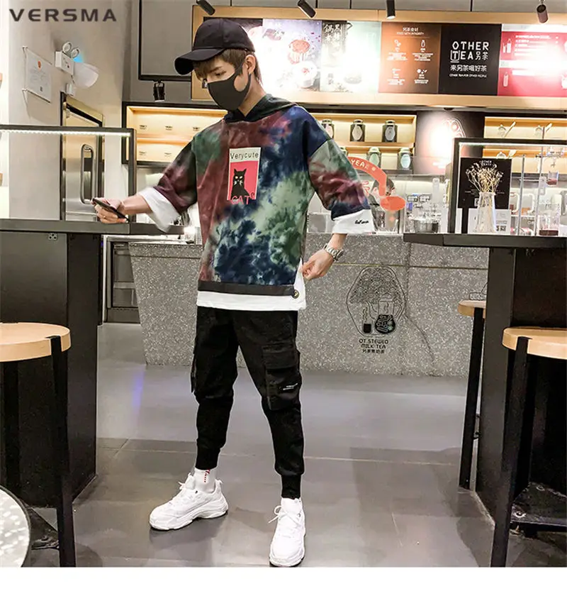 VERSMA, Корейская, Harajuku, с капюшоном, камуфляжная, с рисунком кота, футболка, мужская, летняя, хип-хоп, Swag, уличная, свободная, фальшивая, из двух частей, футболка для мужчин
