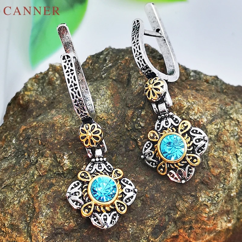 Винтажные серьги из синего камня для женщин серебристый цветок под старину