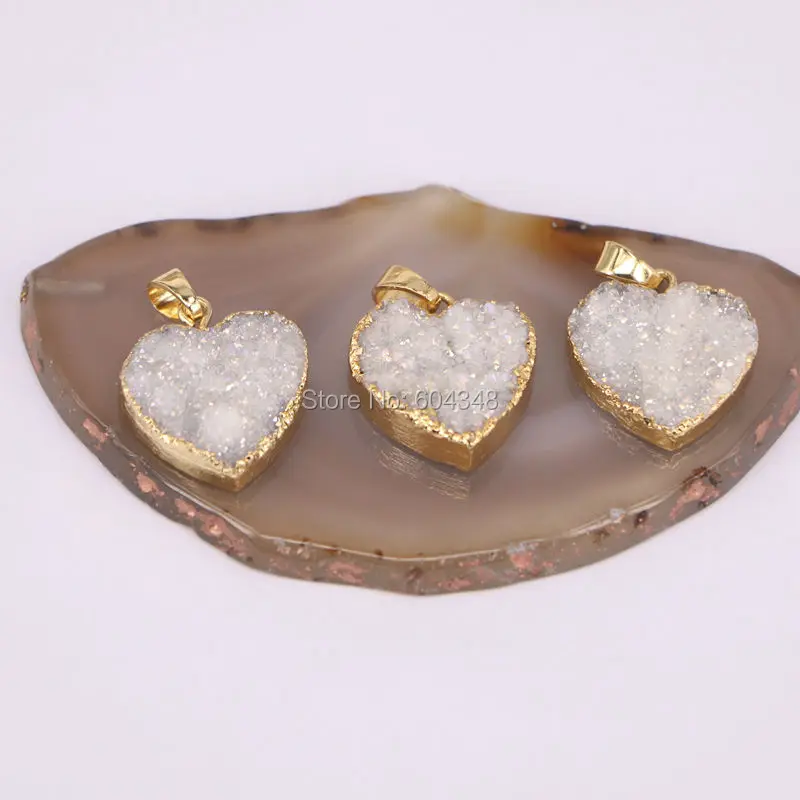 5pcs Charm Quartz Pendant Heart Gold color White AB Crystal Drusy Gem stone For Jewelry Making | Украшения и аксессуары