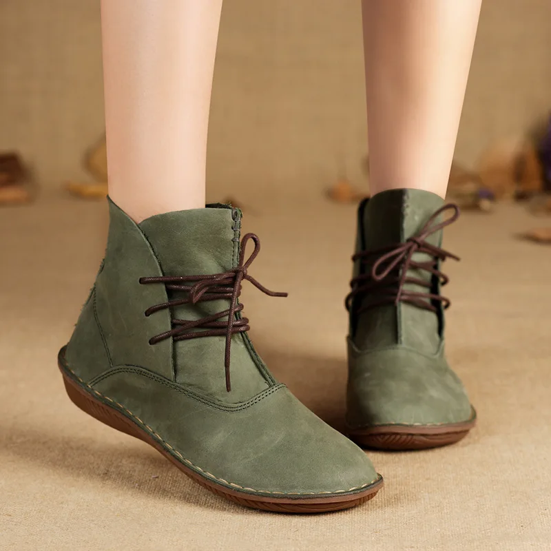 

YAERNI Handmade Women Boots Genuine Leather Ladies Shoes Spring/Autumn Lace up Ankle Boots Female Footwear