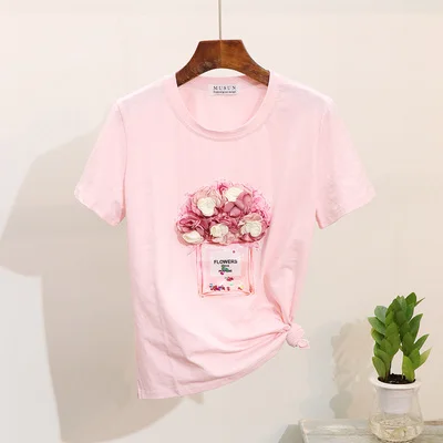 Pink Лето, модная женская футболка, топ для студентов, тяжелый блеск, флакон духов, цветочный принт, короткий рукав, футболки, топы, Harajuku, женская футболка - Цвет: Pink