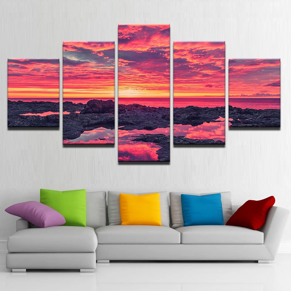 

Wall Art Pictures Living Room Canvas HD Prints Poster 5 Pieces Red Sunset Glow Sea Reef Stone Seascape Painting Home Decor Frame