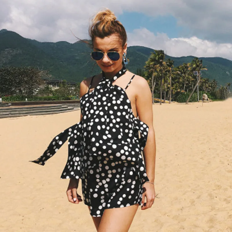 

Винтажный Летний комбинезон в белый горошек, сексуальный черный боди на шнуровке с открытой спиной, пляжные Комбинезоны на шнуровке