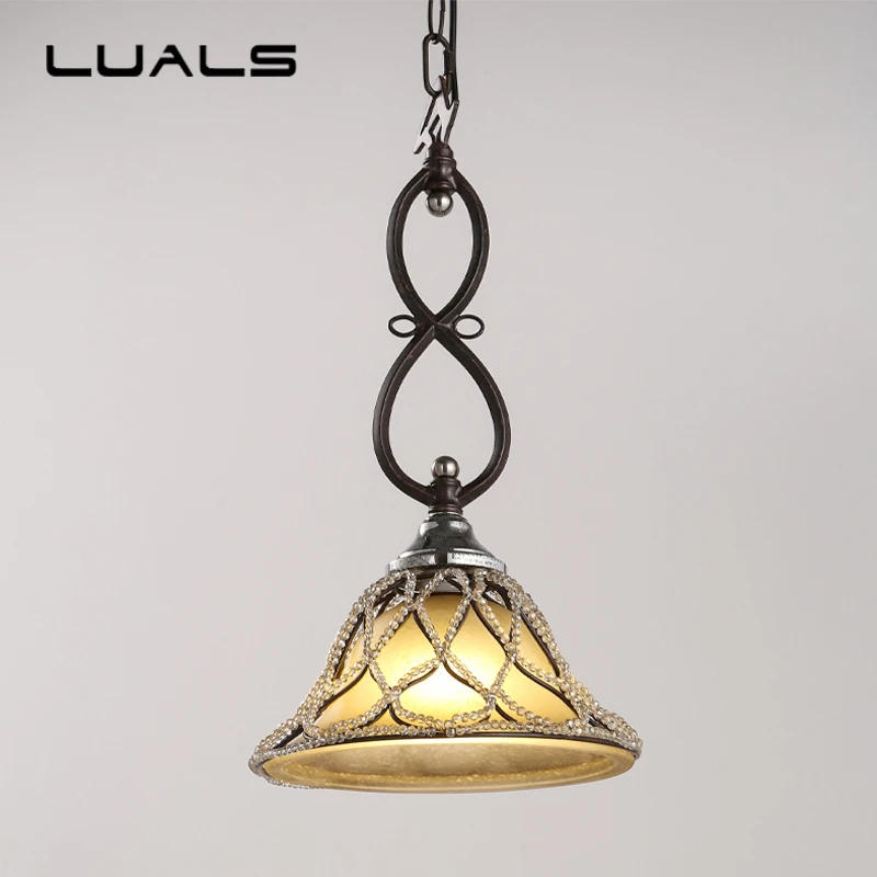 Koop Amerikaanse Pastorale Stijl Vintage Lamp Persoonlijkheid Smeedijzeren Kristal Kralen Hanger Restaurant Slaapkamer Art Deco Verlichting