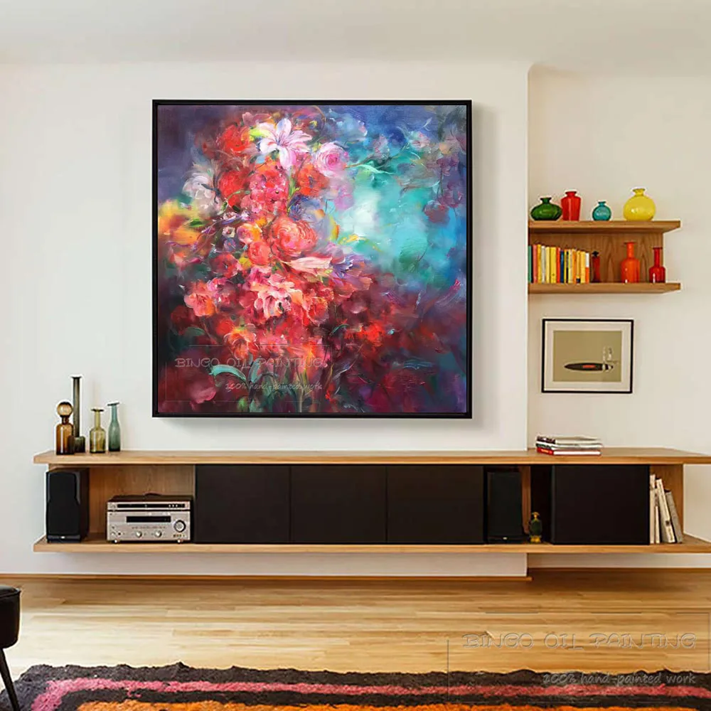 Профессиональная художественная роспись маслом модного изображения на стене "Необычные краски красоты" с абстрактными цветами.