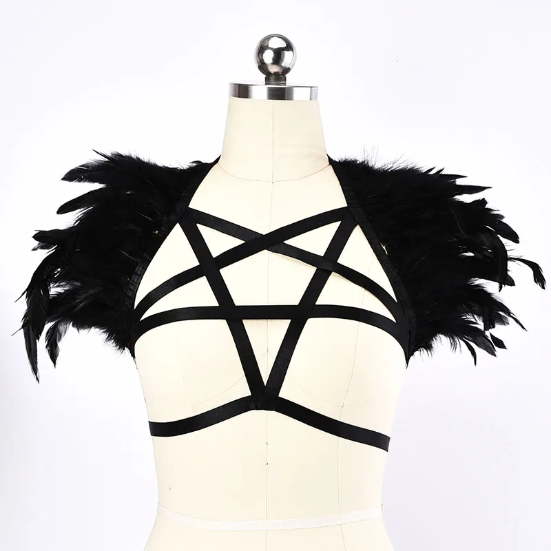 Harajuku перья жгуты в форме пентаграммы комплект Топы готическом стиле Bralette + нижнее