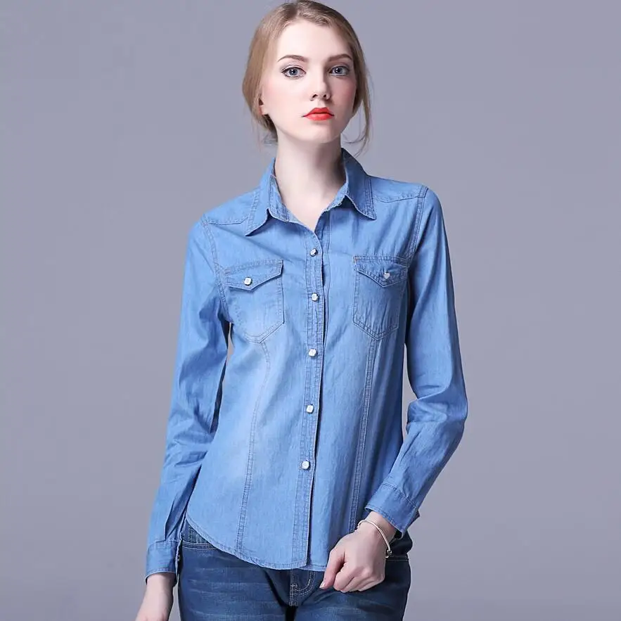 Осенняя женская джинсовая рубашка блузка с отложным воротником и длинными