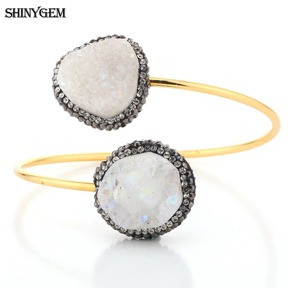 ShinyGem винтажный Регулируемый большой браслет с камнями Друза браслеты гладкое золотое покрытие с большим природным камнем открытые манжеты браслеты для женщин - Окраска металла: Opal White