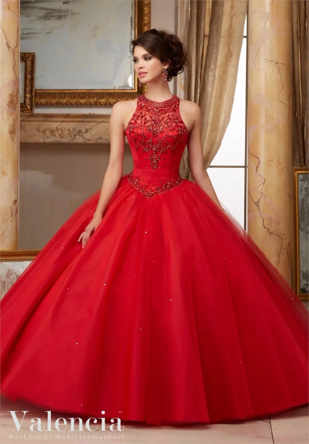 Темно синие красные платья для Quinceanera 2021 бальные с высоким воротом и бусинами
