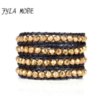 fyla mode new gorgeous 4 strands bracelet with ccb faceted gold color beads leather wrap bracelets vintage bracelet personalize