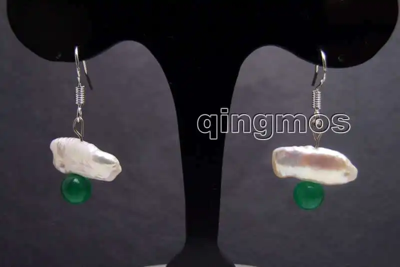 

12-15mm White Natural Freshwater Biwa Pearl and 6mm Round Green beads Earring-ear442 wholesale/retail Free ship